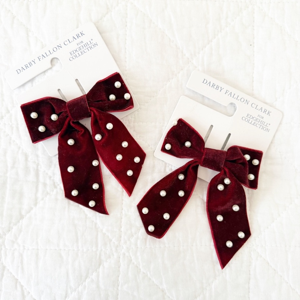 NEW Darby Fallon Clark for Edgehill Collection Burgundy Velvet Pearl Hair Bows